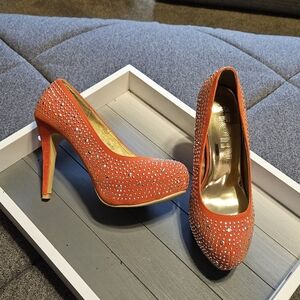 Orange Crystal-Studded Pumps